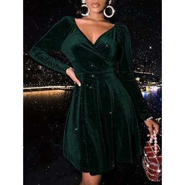 Sexyasasii Fit and Flare Dress for Women Long Sleeve Wrap V Neck Velvet Glitter Empire Waist Cocktai...