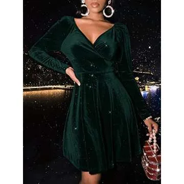 Sexyasasii Fit and Flare Dress for Women Long Sleeve Wrap V Neck Velvet Glitter Empire Waist Cocktai...