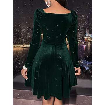 Sexyasasii Fit and Flare Dress for Women Long Sleeve Wrap V Neck Velvet Glitter Empire Waist Cocktail Party Sexy Swing Prom Dresses 2022(Green,S)