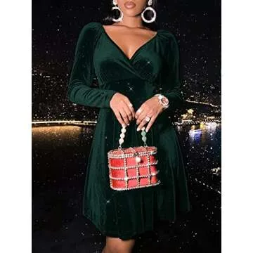 Sexyasasii Fit and Flare Dress for Women Long Sleeve Wrap V Neck Velvet Glitter Empire Waist Cocktail Party Sexy Swing Prom Dresses 2022(Green,S)