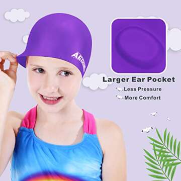Aegend 2 Pack Swim Cap Kids (Age 2-10), Waterproof Silicone Swimming Caps for Kids Cover Ears, Comfortable Fit for Long Hair & Short Hair, 3D Ergonomic Fit for Girls and Boys, Pink&Purple