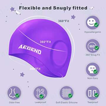 Aegend 2 Pack Swim Cap Kids (Age 2-10), Waterproof Silicone Swimming Caps for Kids Cover Ears, Comfortable Fit for Long Hair & Short Hair, 3D Ergonomic Fit for Girls and Boys, Pink&Purple