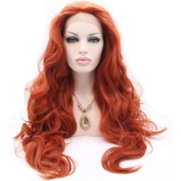 xiweiya Copper Red Lace Front Wig Long Natural Wavy Auburn Red Synthetic Gluess Wigs 13X3 Lace Wig Pre Plucked Free Part Heat Resistant Hair for Women Drag Queen 24Inch
