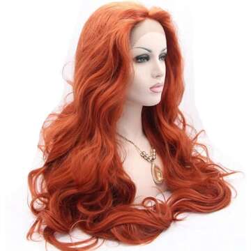 xiweiya Copper Red Lace Front Wig Long Natural Wavy Auburn Red Synthetic Gluess Wigs 13X3 Lace Wig Pre Plucked Free Part Heat Resistant Hair for Women Drag Queen 24Inch