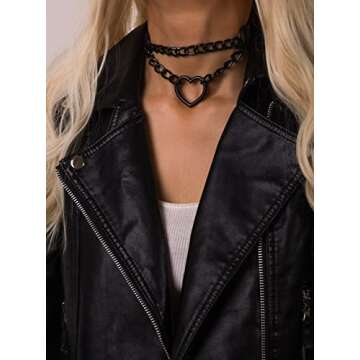 Sacina Goth Heart Chain Choker Necklace, Black PU Leather Choker, Gothic Punk Grunge Emo Necklace, H...