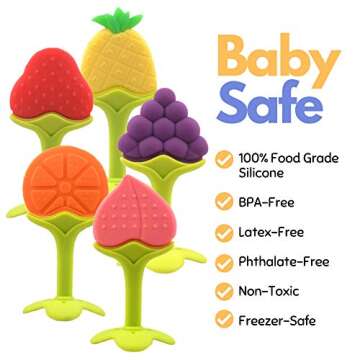 Baby Teething Toys, Soft Silicone Fruit Teether Set with Pacifier Clip/Holder for Toddlers & Infants...
