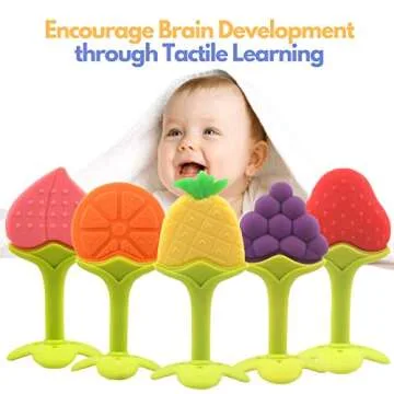 Baby Teething Toys, Soft Silicone Fruit Teether Set with Pacifier Clip/Holder for Toddlers & Infants, 5 Pack