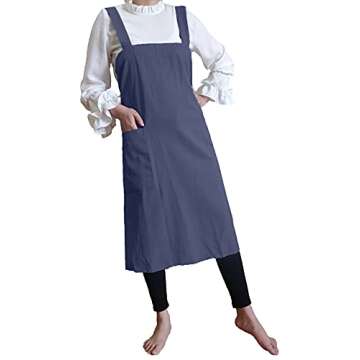 losofar Women Girls Vintage Pinafore Square Apron Baking Cooking Gardening Works Cross Back Cotton/Linen Blend Aprons Pinafore Dress (navy, L)