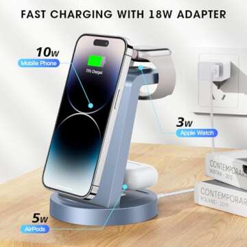 3 in 1 Charging Station for iPhone, Wireless Charger for iPhone 16 15 14 13 12 11 X Pro Max & Apple Watch - Charging Stand Dock for AirPods (Blue)