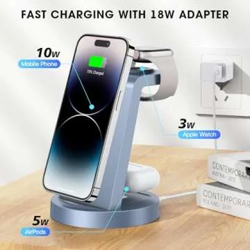 3 in 1 Charging Station for iPhone, Wireless Charger for iPhone 16 15 14 13 12 11 X Pro Max & Apple Watch - Charging Stand Dock for AirPods (Blue)