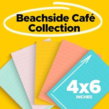 Post-it Notes, 4 in x 6 in, 5 Lined Sticky Note Pads, 100 Sheets per Pad, Beachside Café Collection...