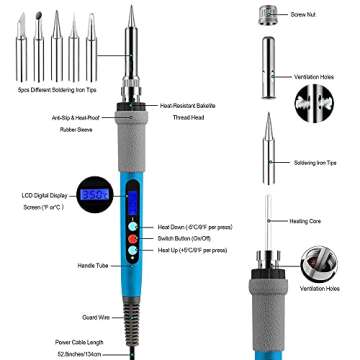 Aipudi Soldering Iron Kit Electric 60W 110V LCD Display Adjustable Temperature Soldering Gun Welding Tools, Solder Wire Tube/Small stents/5pcs Replacement Tips