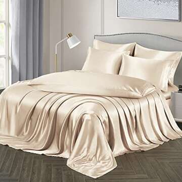 Ersmak 7 Pieces Satin Sheets Set King Size, Luxury Silky Beige Satin Bed Sheets Set with 1 Deep Pock...