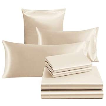 Ersmak 7 Pieces Satin Sheets Set King Size, Luxury Silky Beige Satin Bed Sheets Set with 1 Deep Pocket Fitted Sheet, 1 Soft Flat Sheet, 4 King Pillowcases and 1 Body Pillowcase