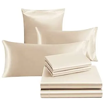 Ersmak 7 Pieces Satin Sheets Set King Size, Luxury Silky Beige Satin Bed Sheets Set with 1 Deep Pocket Fitted Sheet, 1 Soft Flat Sheet, 4 King Pillowcases and 1 Body Pillowcase