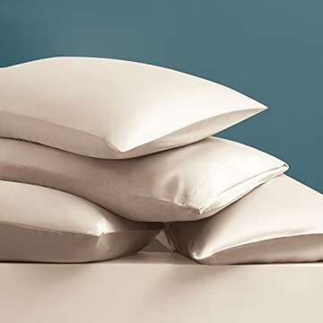 Ersmak 7 Pieces Satin Sheets Set King Size, Luxury Silky Beige Satin Bed Sheets Set with 1 Deep Pocket Fitted Sheet, 1 Soft Flat Sheet, 4 King Pillowcases and 1 Body Pillowcase