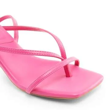 DREAM PAIRS Women's kitten Low Strappy Lace Up Heels Open Square Toe Thong Ankle Strap Heels Sexy Fashion Comfort Dress Shoes Party Sylvestra Pumps Heeled Sandals,Size 8,Hot Pink-Pu,SDHS2405W
