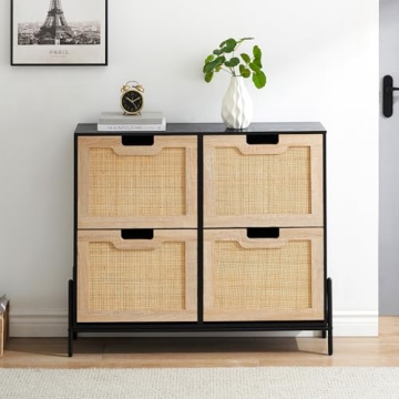 Coucheta 4 Flip Drawers Shoe Storage Cabinet, Rattan Shoe Organizer with Metal Legs, Freestanding Na...