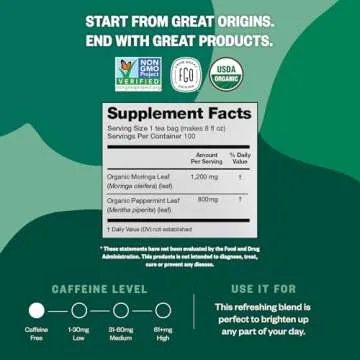 FGO Organic Moringa Mint Tea, 100 Count, Eco-Conscious Herbal Tea Bags, Resealable Bag, Caffeine Free, Packaging May Vary (Pack of 1)