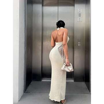 GEMEIQ Women’s Summer Cutout Halter U Neck Sexy Sleeveless Backless Bodycon Party Club Beach Long Maxi Dress Apricot S
