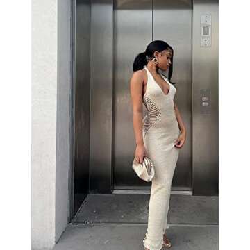 GEMEIQ Women’s Summer Cutout Halter U Neck Sexy Sleeveless Backless Bodycon Party Club Beach Long Maxi Dress Apricot S