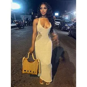 GEMEIQ Women’s Summer Cutout Halter U Neck Sexy Sleeveless Backless Bodycon Party Club Beach Long Maxi Dress Apricot S