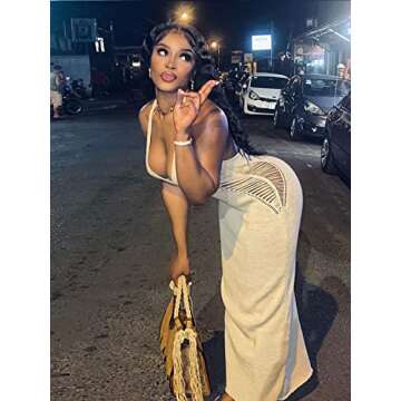 GEMEIQ Women’s Summer Cutout Halter U Neck Sexy Sleeveless Backless Bodycon Party Club Beach Long Maxi Dress Apricot S