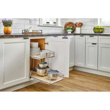 Rev-A-Shelf 2 Tier Pull Out Kitchen Cabinet Storage Organizer with Solid Bottom & Undermount Soft-Cl...