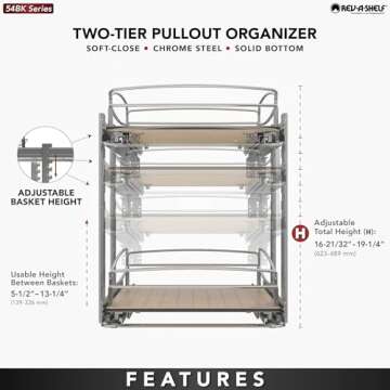 Rev-A-Shelf 2 Tier Pull Out Kitchen Cabinet Storage Organizer with Solid Bottom & Undermount Soft-Close Full Extension Slides, 54BK-18SC-2-1