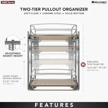 Rev-A-Shelf 2 Tier Pull Out Kitchen Cabinet Storage Organizer with Solid Bottom & Undermount Soft-Close Full Extension Slides, 54BK-18SC-2-1