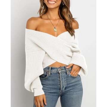 BTFBM Women Casual V Neck Long Sleeve Sweaters Cross Wrap Front Off Shoulder Asymmetric Hem Knitted ...