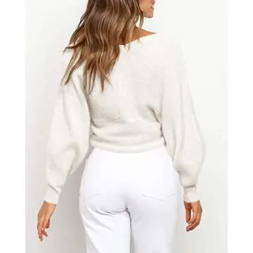 BTFBM Women Casual V Neck Long Sleeve Sweaters Cross Wrap Front Off Shoulder Asymmetric Hem Knitted Crop Solid Pullover(Solid White, Medium)