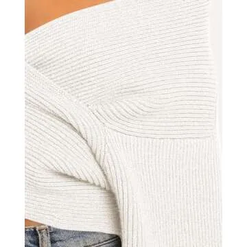 BTFBM Women Casual V Neck Long Sleeve Sweaters Cross Wrap Front Off Shoulder Asymmetric Hem Knitted Crop Solid Pullover(Solid White, Medium)