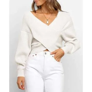 BTFBM Women Casual V Neck Long Sleeve Sweaters Cross Wrap Front Off Shoulder Asymmetric Hem Knitted Crop Solid Pullover(Solid White, Medium)