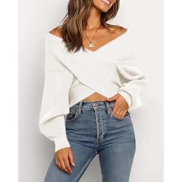 BTFBM Women Casual V Neck Long Sleeve Sweaters Cross Wrap Front Off Shoulder Asymmetric Hem Knitted Crop Solid Pullover(Solid White, Medium)