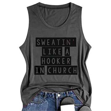 Summer Cute Graphic Tank Tops for Women Sweatin' Like A Hooker in Church Funny Letter Sleeveless T Shirt Tank (M, V-Grey)