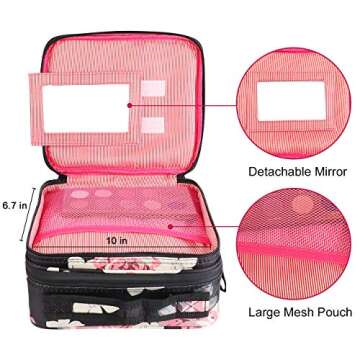 Kootek Travel Makeup Bag 2 Layer Portable Train Cosmetic Case Organizer with Mirror Shoulder Strap Adjustable Dividers for Cosmetics Makeup Brushes Toiletry Jewelry Digital Accessories