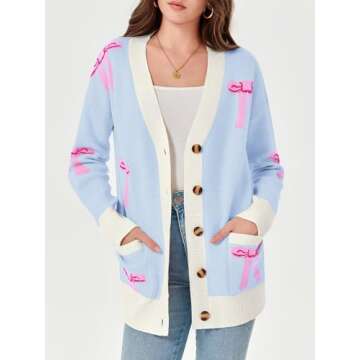 Saodimallsu Womens Oversized Cardigan Sweaters Bow Printed Button V Neck Long Sleeve Loose Knit Fall Trendy Coats Blue