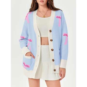 Saodimallsu Womens Oversized Cardigan Sweaters Bow Printed Button V Neck Long Sleeve Loose Knit Fall Trendy Coats Blue