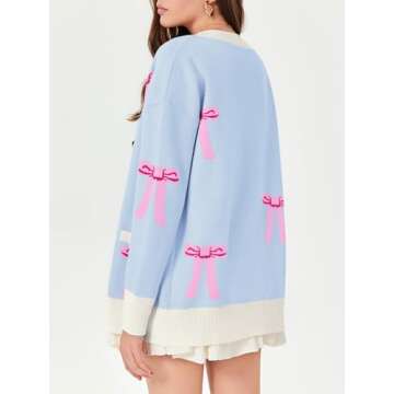 Saodimallsu Womens Oversized Cardigan Sweaters Bow Printed Button V Neck Long Sleeve Loose Knit Fall Trendy Coats Blue