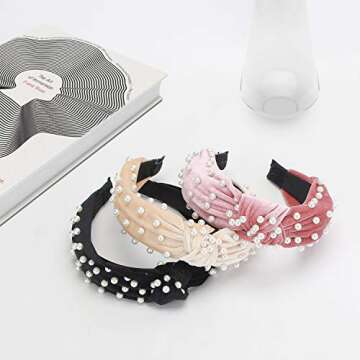 YOPO Headbands Knotted Turban Wide Twist Knot Headbands with Faux Pearl Hairband Fashion Elastic Vintage Velvet Hair Hoops Accessories for Women Girls(3 Packs-Pearl)