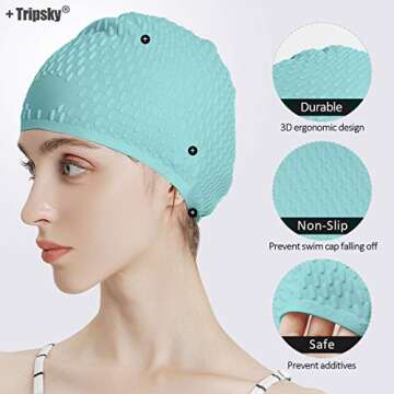 Tripsky Silicone Swim Cap,Comfortable Bathing Cap Ideal for Curly Short Medium Long Hair, Swimming Cap for Women and Men, Shower Caps Keep Hairstyle Unchanged (Green)