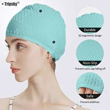 Tripsky Silicone Swim Cap,Comfortable Bathing Cap Ideal for Curly Short Medium Long Hair, Swimming Cap for Women and Men, Shower Caps Keep Hairstyle Unchanged (Green)