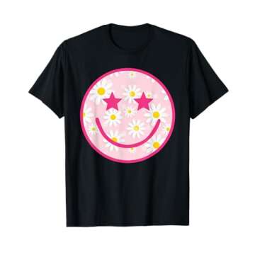 Funny Pink Happy Face Daisy Flower Smile Face Trendy T-Shirt