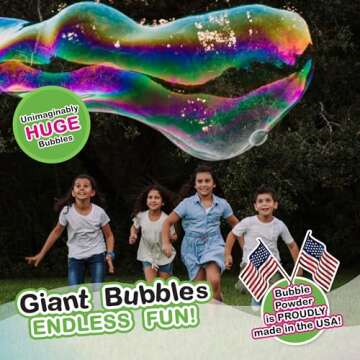 WOWMAZING Giant Bubbles Kit – Includes Wand, 3 Big Powder Packets (Makes 3 Gallons) | Outdoor Toy & Party Favors for Kids – Bubbles Made in USA