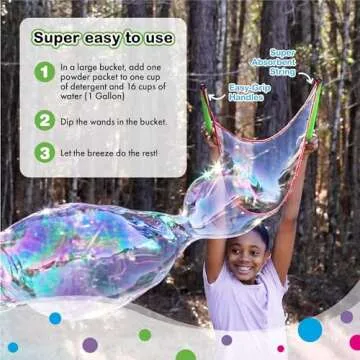 WOWMAZING Giant Bubbles Kit – Includes Wand, 3 Big Powder Packets (Makes 3 Gallons) | Outdoor Toy & Party Favors for Kids – Bubbles Made in USA