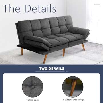 IULULU Futon Sofa Bed, Modern Convertible Sleeper Couch Daybed with Adjustable Armrests for Studio, Apartment, Office, Small Space, Compact Living Room