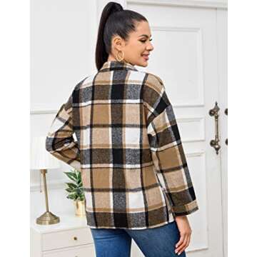 Flygo Womens Fall Plaid Flannel Shirt Shacket Jacket Color Block Button Down Shirts Tops(Coffee-M)