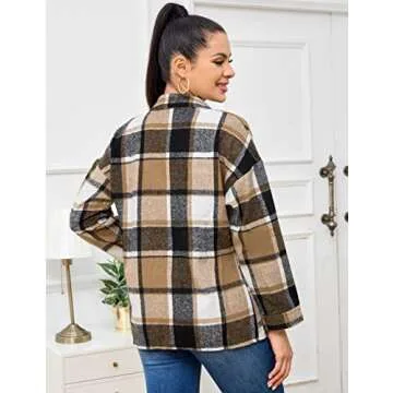 Flygo Womens Fall Plaid Flannel Shirt Shacket Jacket Color Block Button Down Shirts Tops(Coffee-M)