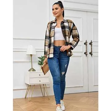 Flygo Womens Fall Plaid Flannel Shirt Shacket Jacket Color Block Button Down Shirts Tops(Coffee-M)